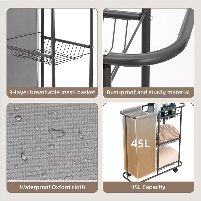 Rolling Laundry Cart with Wheels, 3-Tier Laundry Caddy Between Washer and Dryer - Image 3
