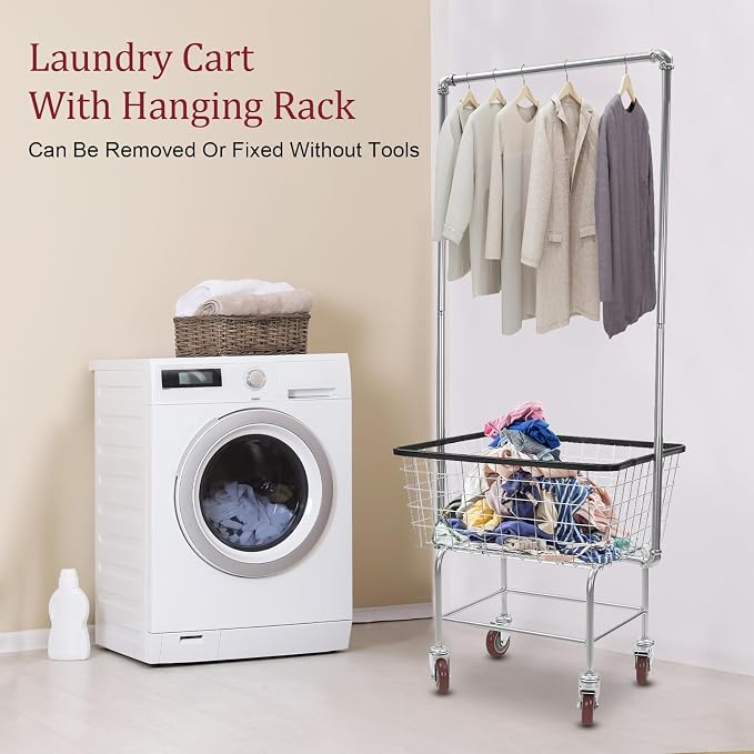Wire Laundry Cart with Hanging Rack, Wire Laundry Basket With Wheels - Image 2