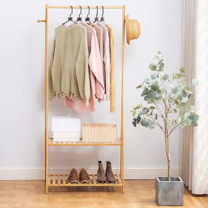 Bamboo Clothing Rack with Top Hanging Garment Rod, 2 Side Hooks & Bottom 2-Tier - Image 4