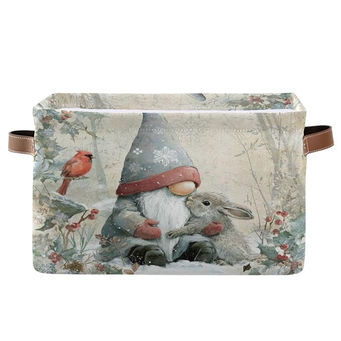 White Rabbit Gnome Christmas Print Rectangular Storage Bin Basket by DOMIKING