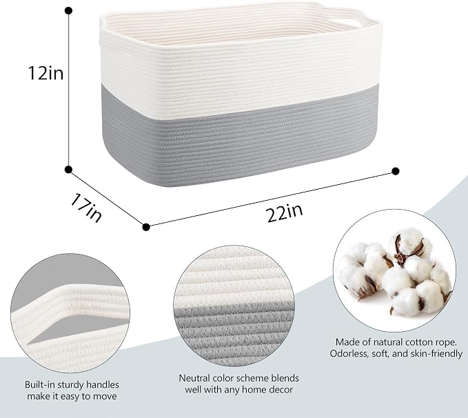 Extra Large Laundry Basket, Rectangle Woven Cotton Rope Storage Basket - Image 2
