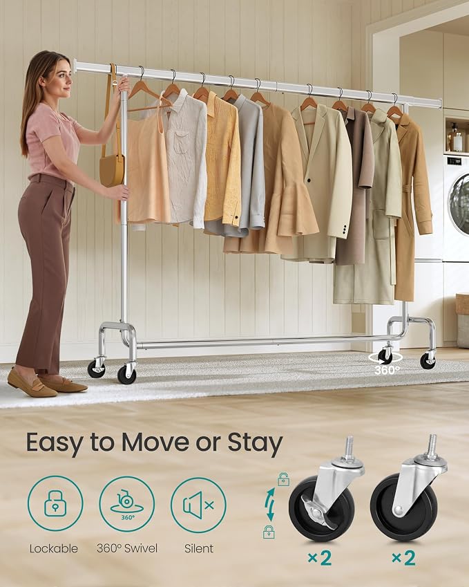 SONGMICS Clothes Rack with Wheels, Heavy-Duty Garment Rack with Extendable - Image 5