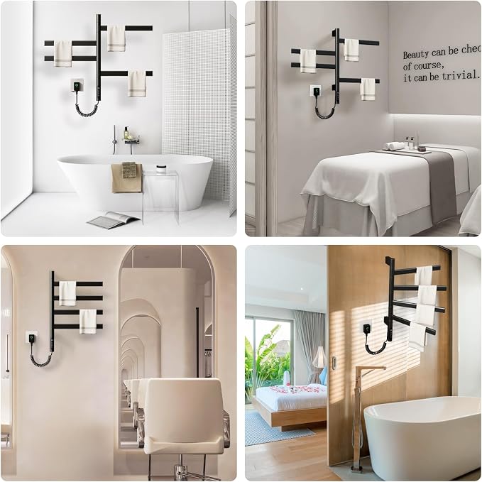 Swivel Heated Towel Rack Electric Towel Warmer Wall Mounted 4 Wider Square Bars - Image 7