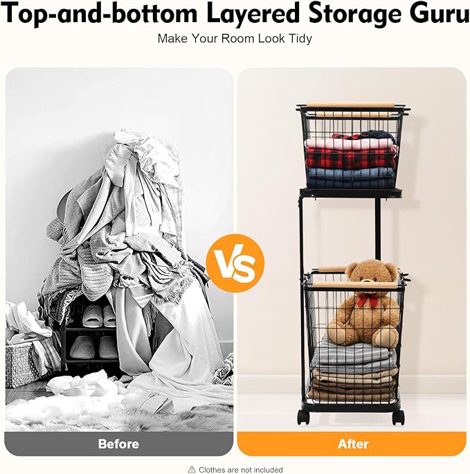 2 Tier Laundry Basket, Removable Metal Wire Laundry Cart - Image 4
