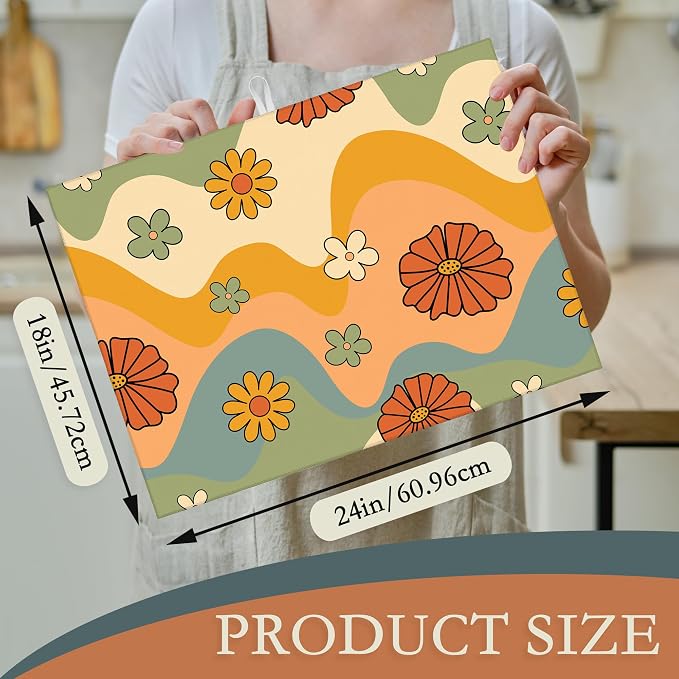 Retro 70s Groovy Waves Dish Drying Rack Mats Decor, Daisy Floral Dish Pad - Image 2