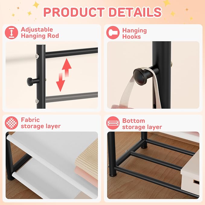 Kids Clothing Rack with 2-Layer Storage Shelf and 2 Adjustable Hanging Rods - Image 6