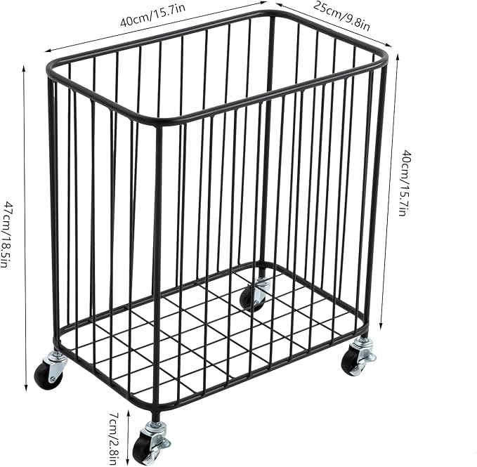 Slim Rolling Laundry Hamper, Metal Cloth Basket - Image 2