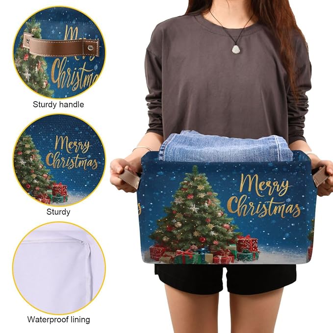 Tree Christmas Blue Print Rectangular Storage Bin Basket - Image 7