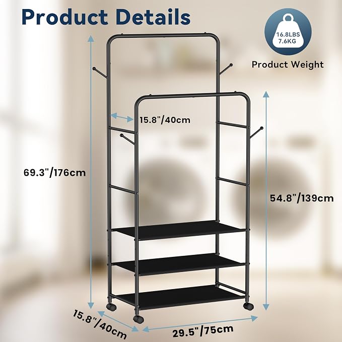 Whitmor Heavy Duty Adjustable Garment Rack-Rolling Clothes Organizer - Image 2