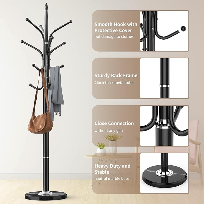 Heavy Duty Coat Rack with Marble Base, Freestanding Hall Coat Tree with 12 - Image 4