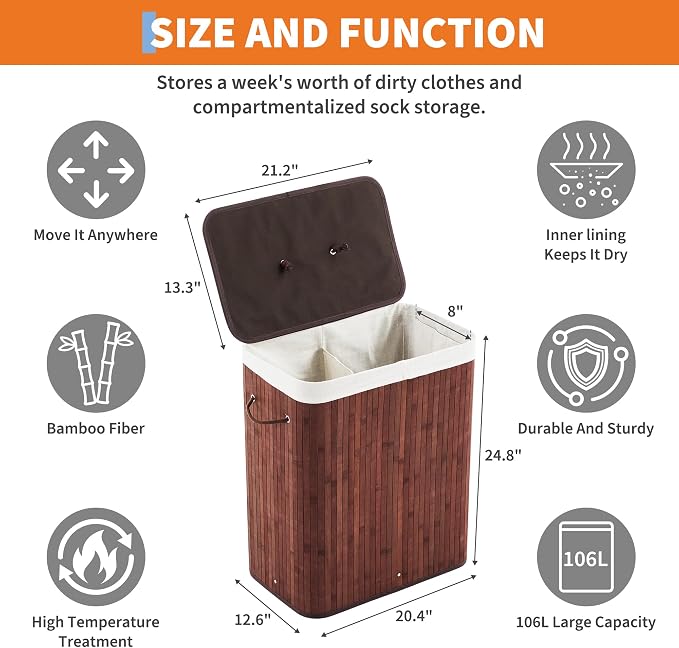Large Laundry Hamper with Lid, 72l & 104l Capacity, Foldable Bamboo Frame with - Image 2