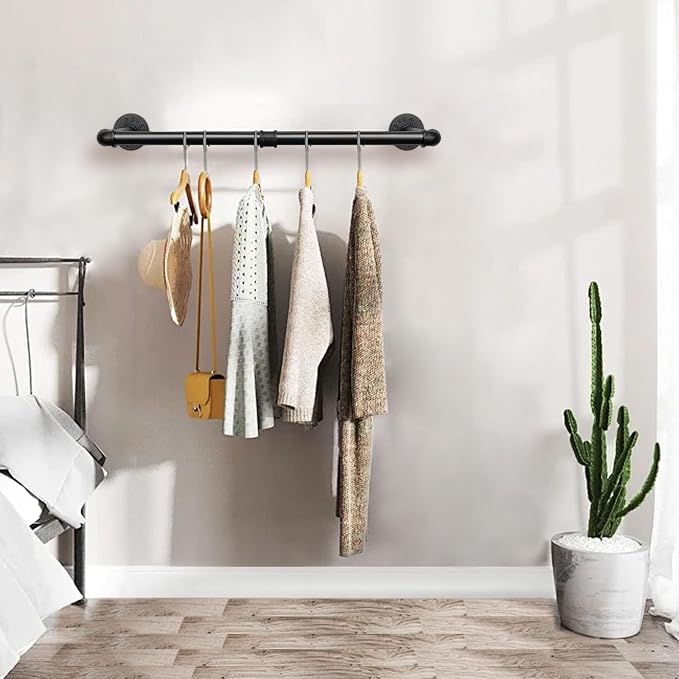Industrial Iron Pipe Clothes Hanging Bar DIY Wall-Mounted Garment Rack Heavy - Image 2