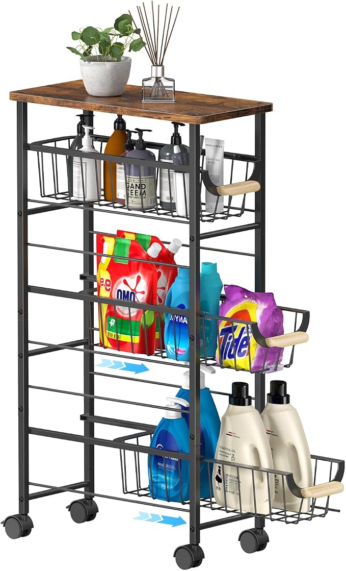4-Tier Slim Rolling Cart with Pull-Out Baskets & Wooden Top — Narrow Mobile by Unknown