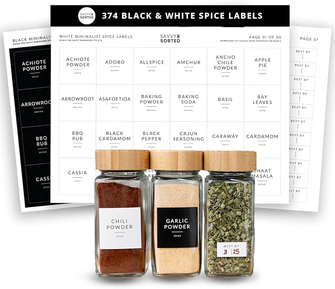 Square Spice Jar Labels Stickers, 374 Preprinted Waterproof Spice Labels by SAVVYSORTED%C2%AE
