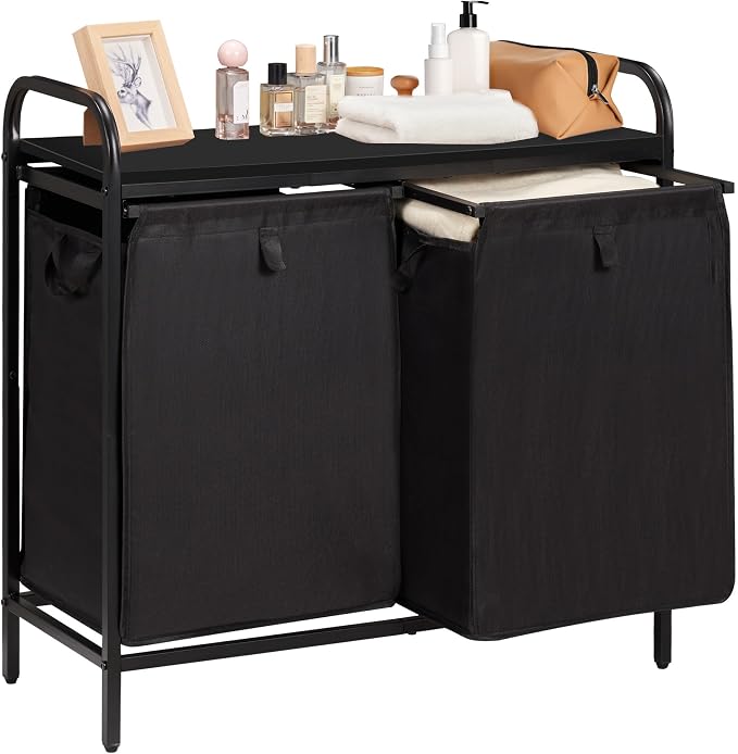 2 Section Laundry Hamper with Shelf, Laundry Basket Organizer with 2 Pull-Out by Azaeahom