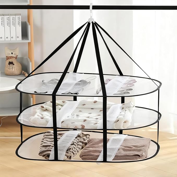 3-Tier Folding Mesh Clothes Drying Rack, Stackable Sweater Dryer Rack - Image 3