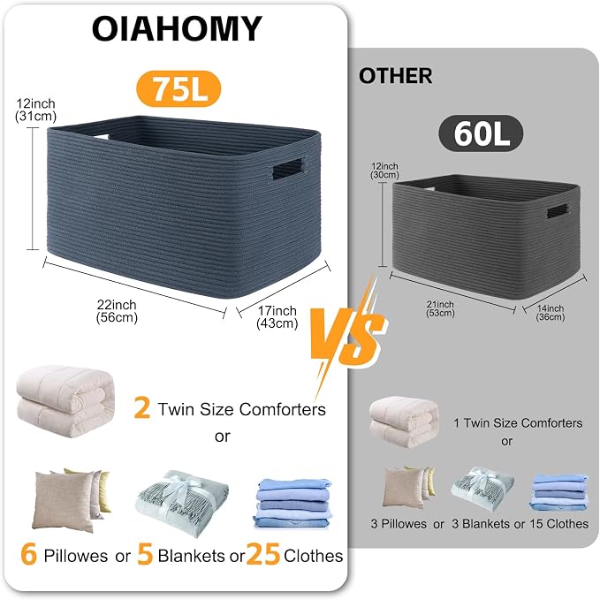 OIAHOMY 75L Large Blanket Basket, Woven Storage Basket - Image 3