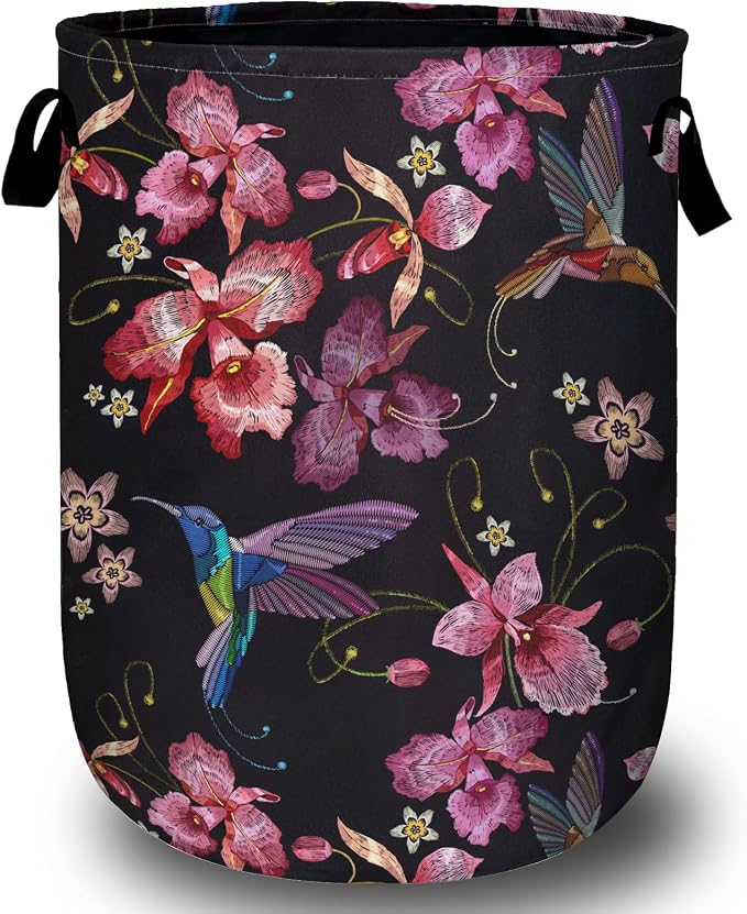 Pink Flower Hummingbird Laundry Basket, Foldable Waterproof Laundry Hamper Tote by Unknown