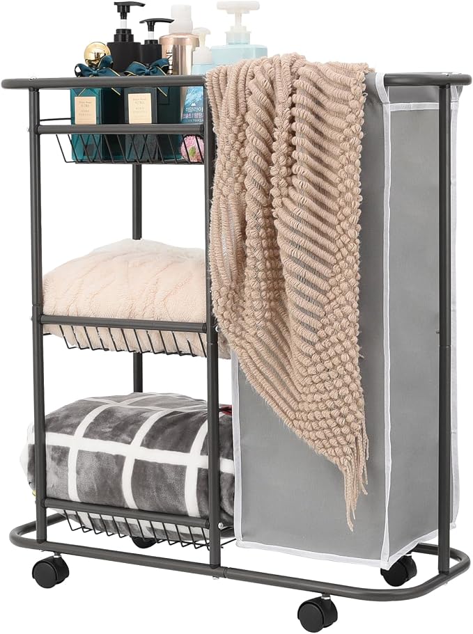 Rolling Laundry Cart with Wheels, 3-Tier Laundry Caddy Between Washer and Dryer by Lucalda