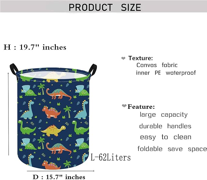 KUNRO Round Dinosaur Laundry Gift Basket Storage Hamper, Clothes Storage - Image 2