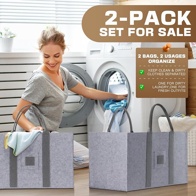 Large Laundry Tote 55L, 2 Pack Fabric Laundry Baskets - Image 6