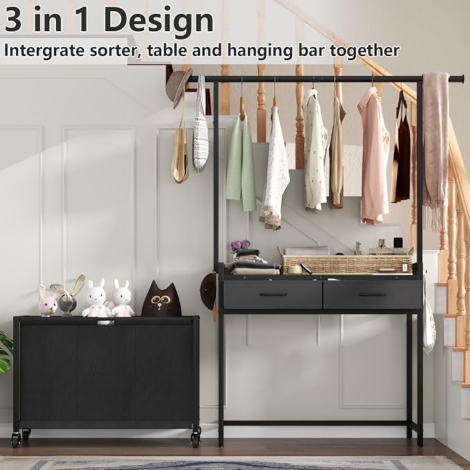 Laundry Sorter Hamper with Hanging Cloth Rack, Laundry Basket with 3 Section - Image 4