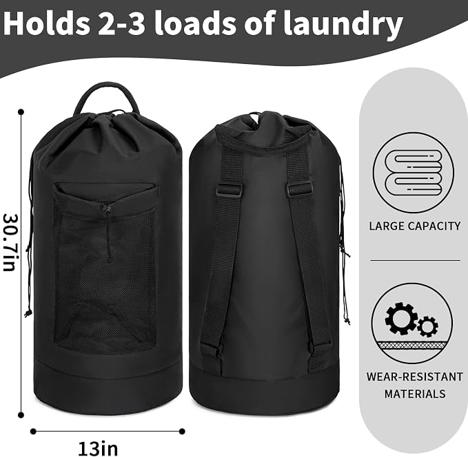 Laundry Bag Backpack with Shoulder Straps and Mesh Pocket Foldable Clothes - Image 2