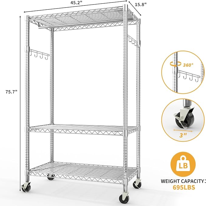 Rolling Clothes Rack, 75.6"H Heavy Duty Metal Garment Rack - Image 2