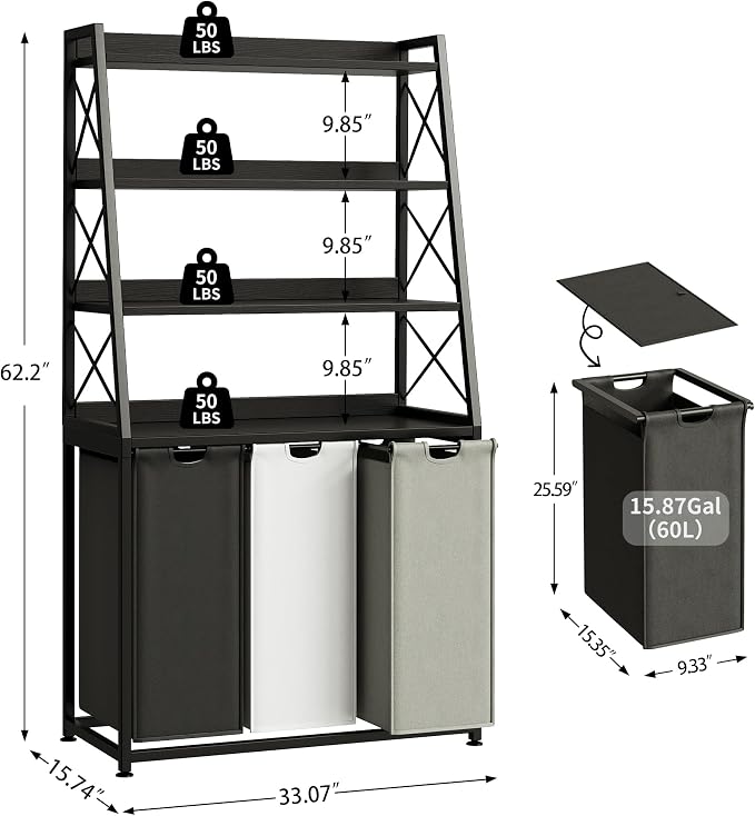 Laundry Basket, 3 Section Laundry Hamper - Image 3