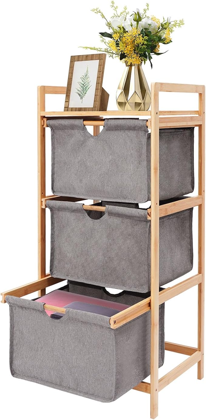 3-Tier Bamboo Hamper w/ 3 Pull Out Drawers, Laundry Room Organization by Unknown