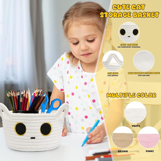 Small Storage Cute White Cat Cotton Rope Woven Basket - Image 3