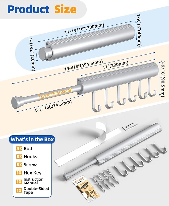 12 Inch Valet Rod for Closet Pull Out, Retractable Clothes Hanger - Image 5