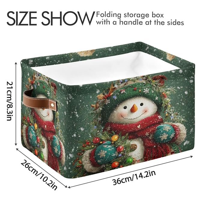 Snowman Green Christmas Pattern Rectangular Storage Bin Basket - Image 3
