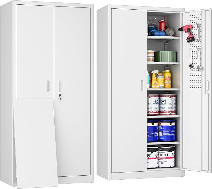 Metal Garage Cabinet with Pegboard and Hooks, Metal Tool Storage Cabinet with 2 by winbingon