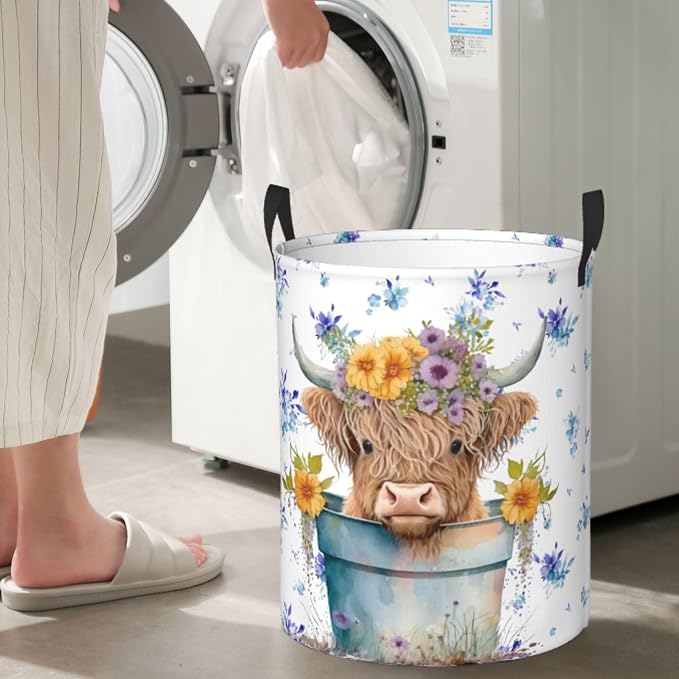 Highland Cow with Blue Floral Laundry Basket, Farm Animal Dirty Clothes Laundry - Image 6