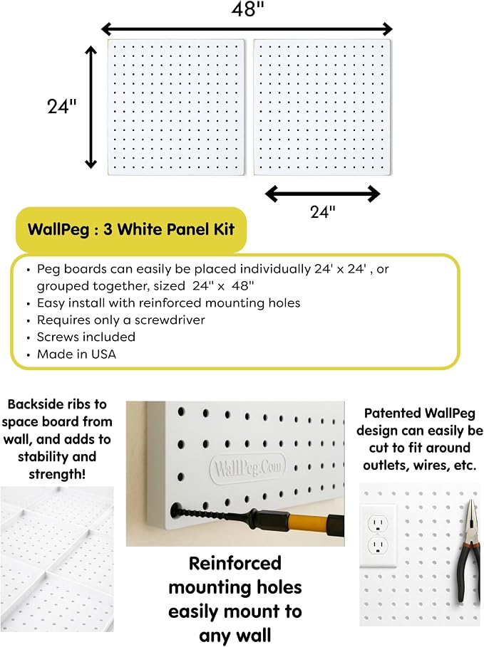 WallPeg PEGBOARD Panels Peg Board Plastic Pegboard Kit 24"x24" - Image 3