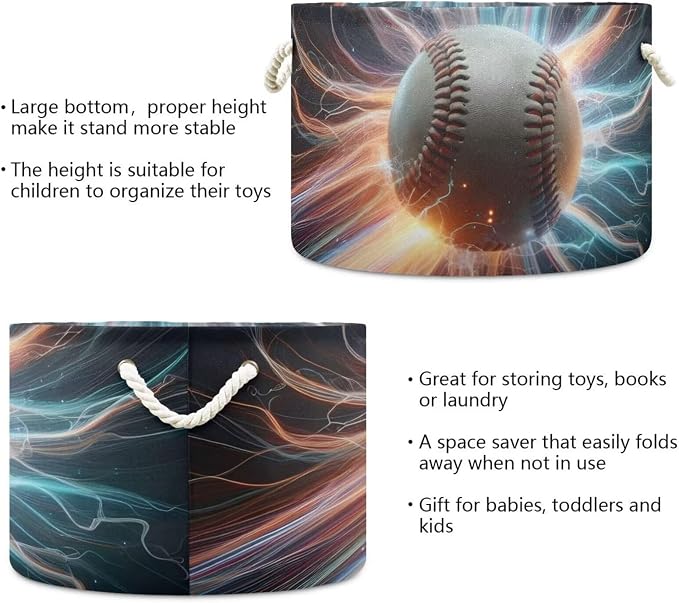 Baseball Print Round Storage Basket Sport Lightning Ball Large Laundry Hamper - Image 5