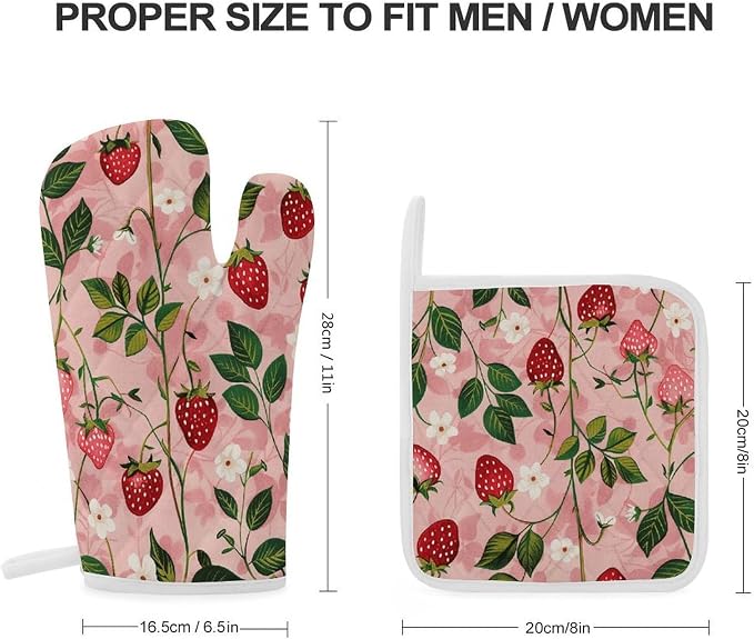 Peach Strawberry Print Oven Mitts and Pot Holders Sets Heat Resistant Kitchen - Image 2