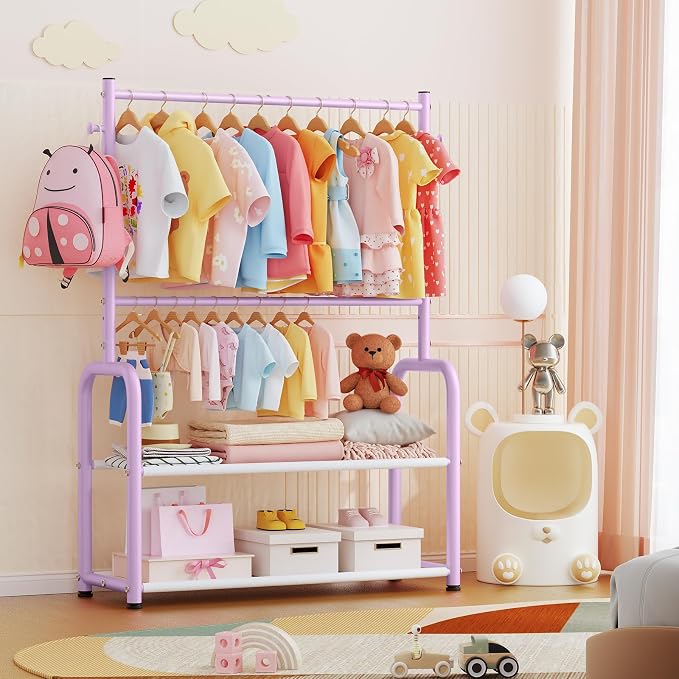 Kids Clothes Rack with 2 Tier Storage Racks and 2 Adjustable Hanging Poles - Image 4
