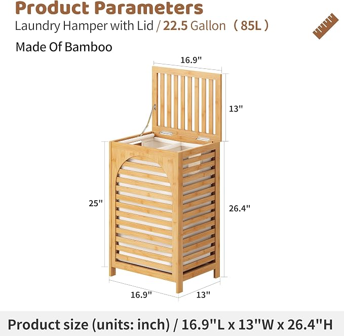 FILWH Laundry Hamper with Lid Large Bamboo Laundry Bin Basket 85L Clothes - Image 7