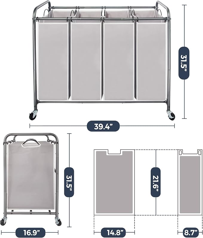 STO STO Laundry Sorter 4 Section, 4 Bag Clothes Hamper, Rolling Laundry Cart - Image 6