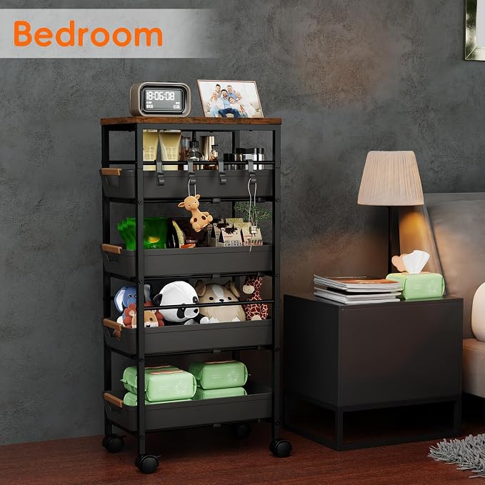 5-Tier Kitchen Storage Cart, Wood Top Rolling Cart Organizer - Image 7