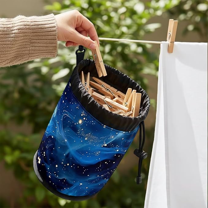 Clothespin Bag Holder Outside, Starry Sky Fluid Pattern Hanging Clothes Pin Bag - Image 4