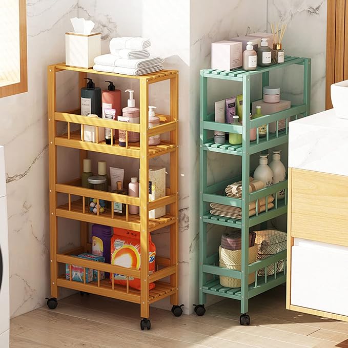 Slim Bamboo Storage Cart Removable Organizer Trolley Slide Out Rolling Pantry - Image 7