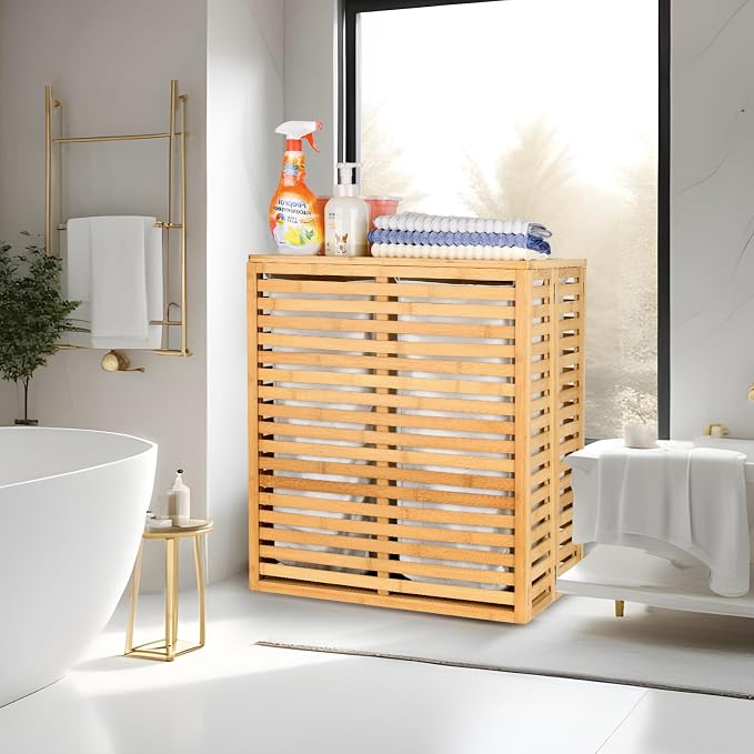 Bamboo Laundry Hamper with Lid and 2-Section Liner Foldable Wicker Laundry - Image 2