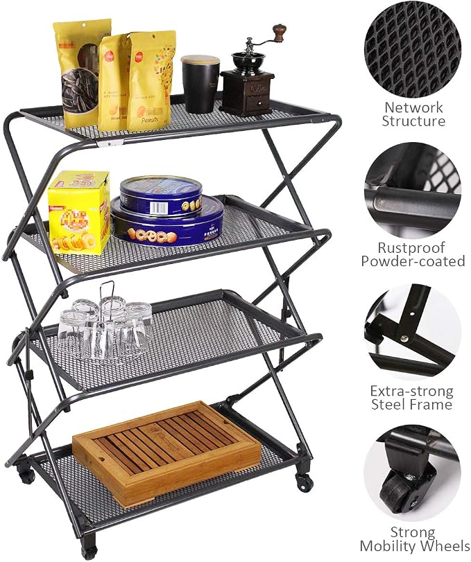4-Tier Folding Portable Durable Steel Kitchen Shelf, Extra Storage, Kitchen - Image 6