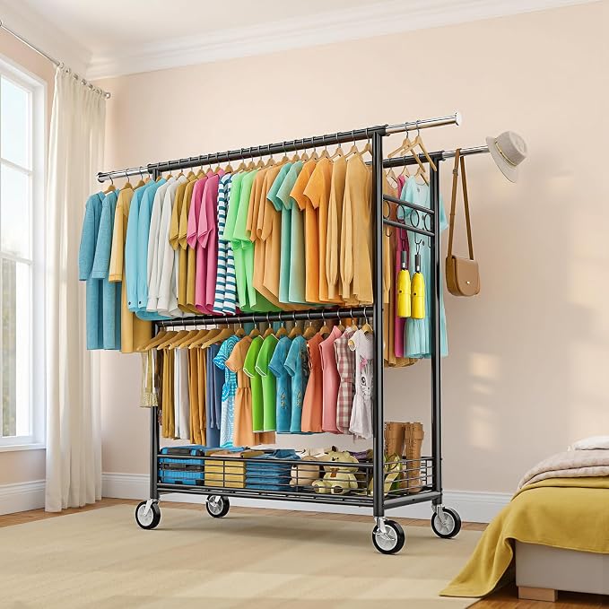 Heavy Duty Clothes Rack Load 960LBS, Three Rods Rolling Clothing Racks - Image 9