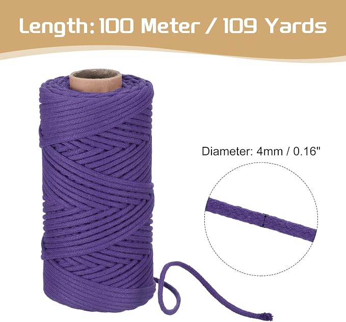 Rebower Macrame Cord 4mm x 109 Yard, Natural Cotton Macrame Rope Twisted - Image 2