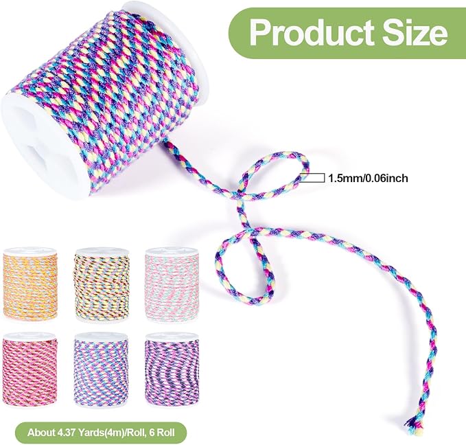 25.8 Yards 1.5 mm Braided Cotton Cord Assorted Color Macrame Thread 4-Ply - Image 5