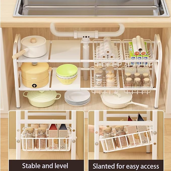 Under Sink Organizer，2 Tier Expandable Heavy Duty Metal Shelf，with 5 Removable - Image 5